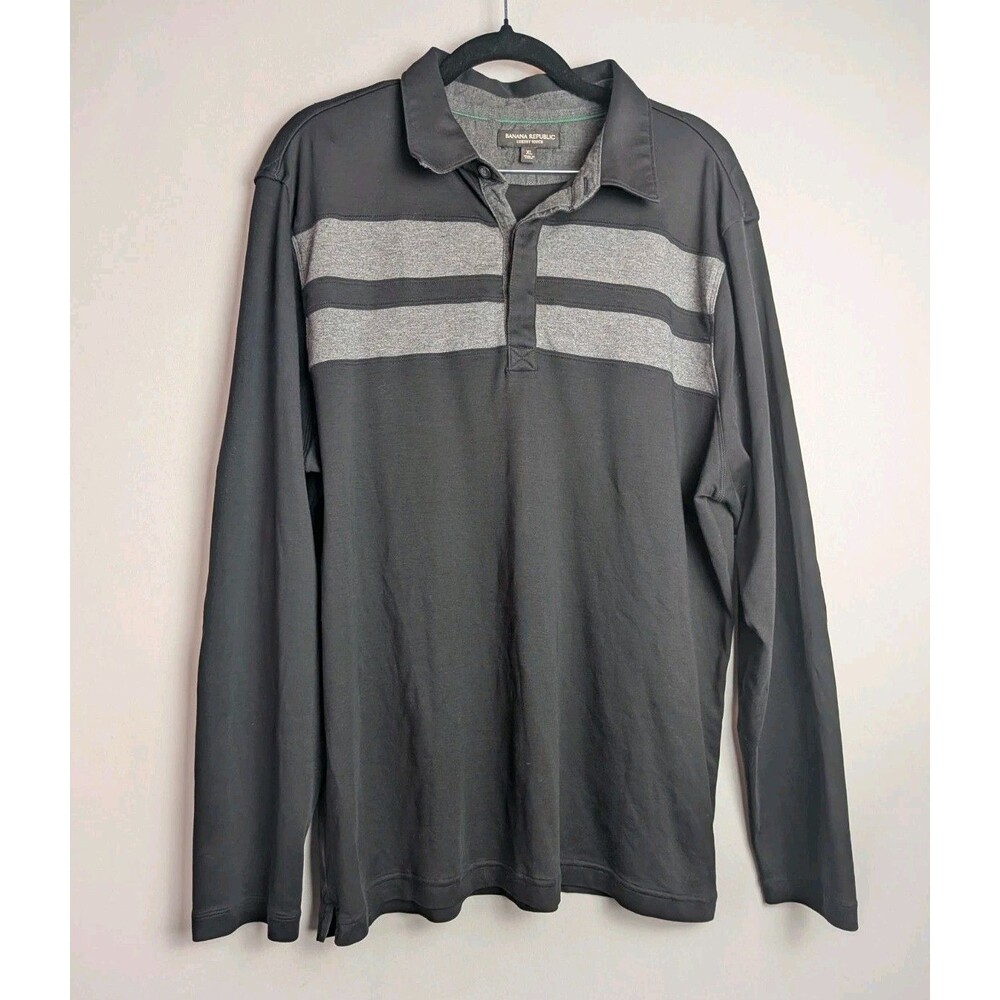 Banana Republic Shirt Mens XL Black Gray Quilted Polo Pullover Long Sleeve